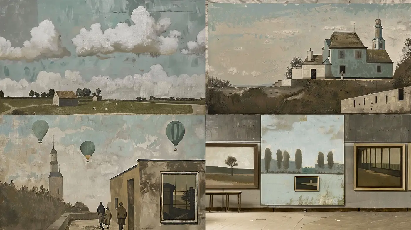 Subdued Pastoral and Architectural Vistas with Surreal Undertones - Midjourney sref style