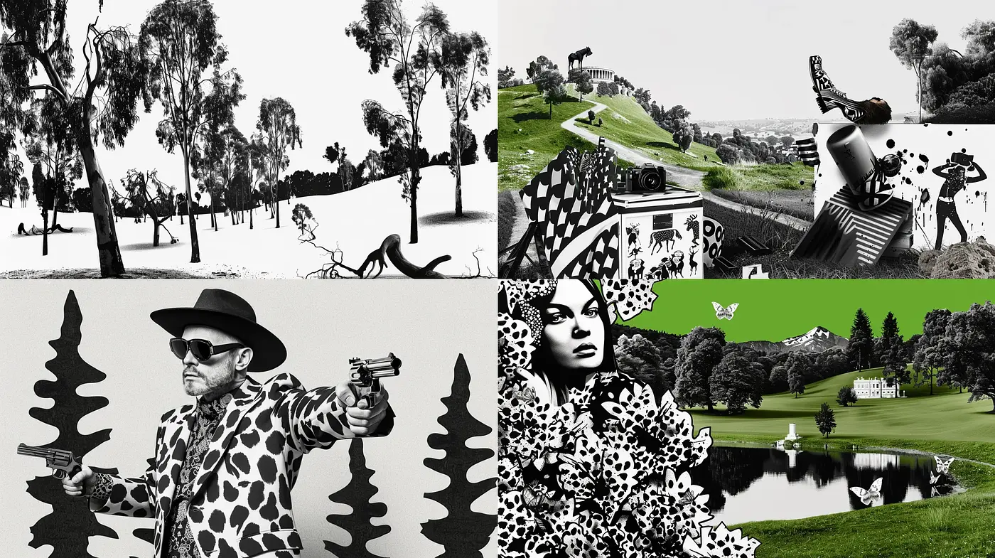 Surrealist Contrasts and Monochromatic Whimsy - Midjourney sref style