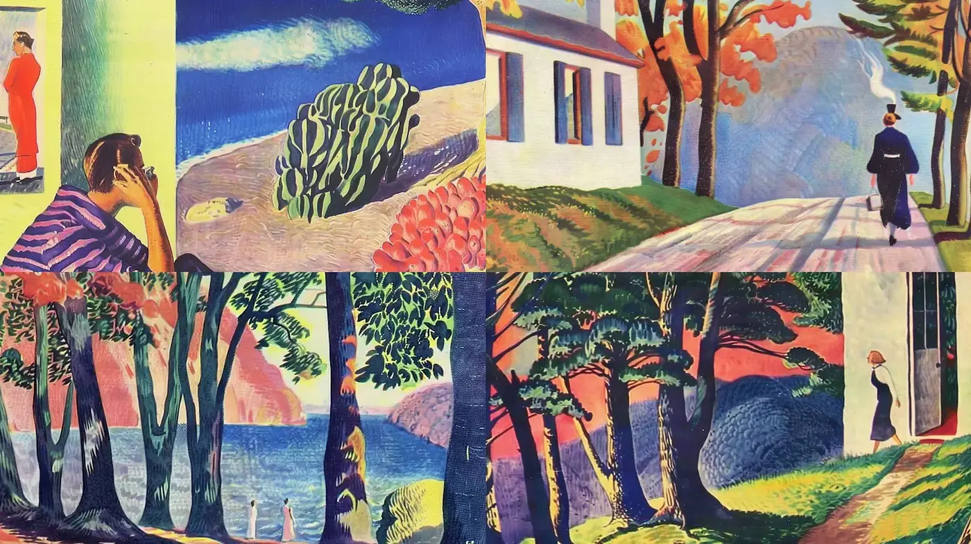 Vibrant and expressive landscapes with a nostalgic undertone - Midjourney sref style