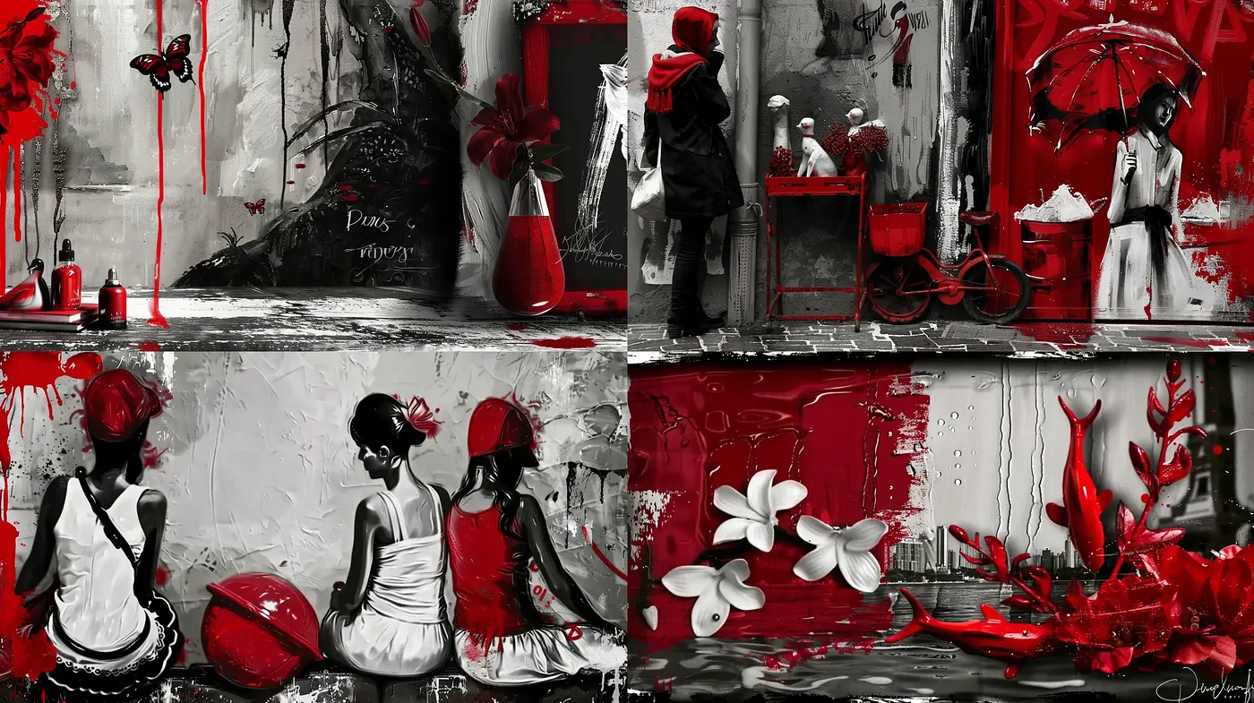 Red Accentuated Monochromatic Panache - Midjourney sref style