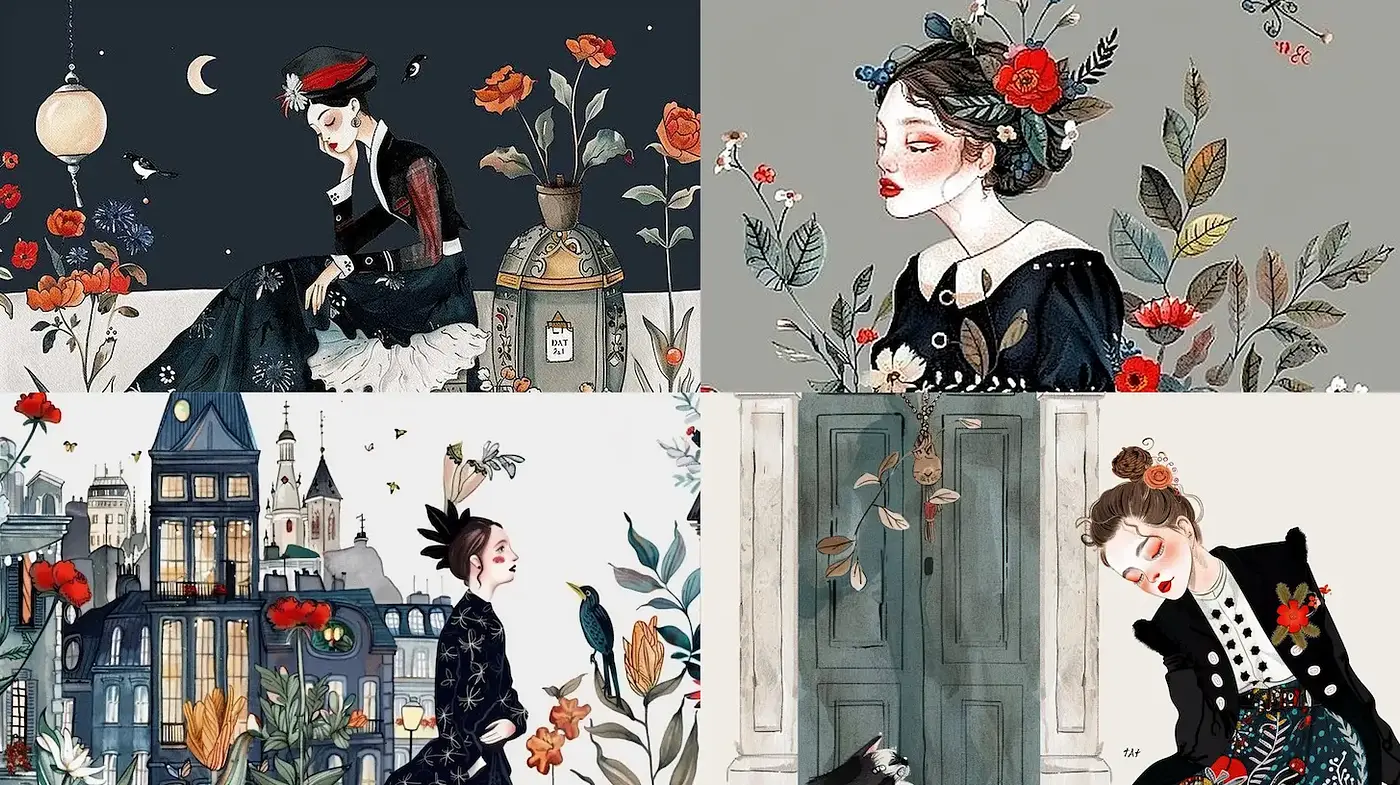 Enchanting and Whimsical Illustrations with Floral Motifs - Midjourney sref style