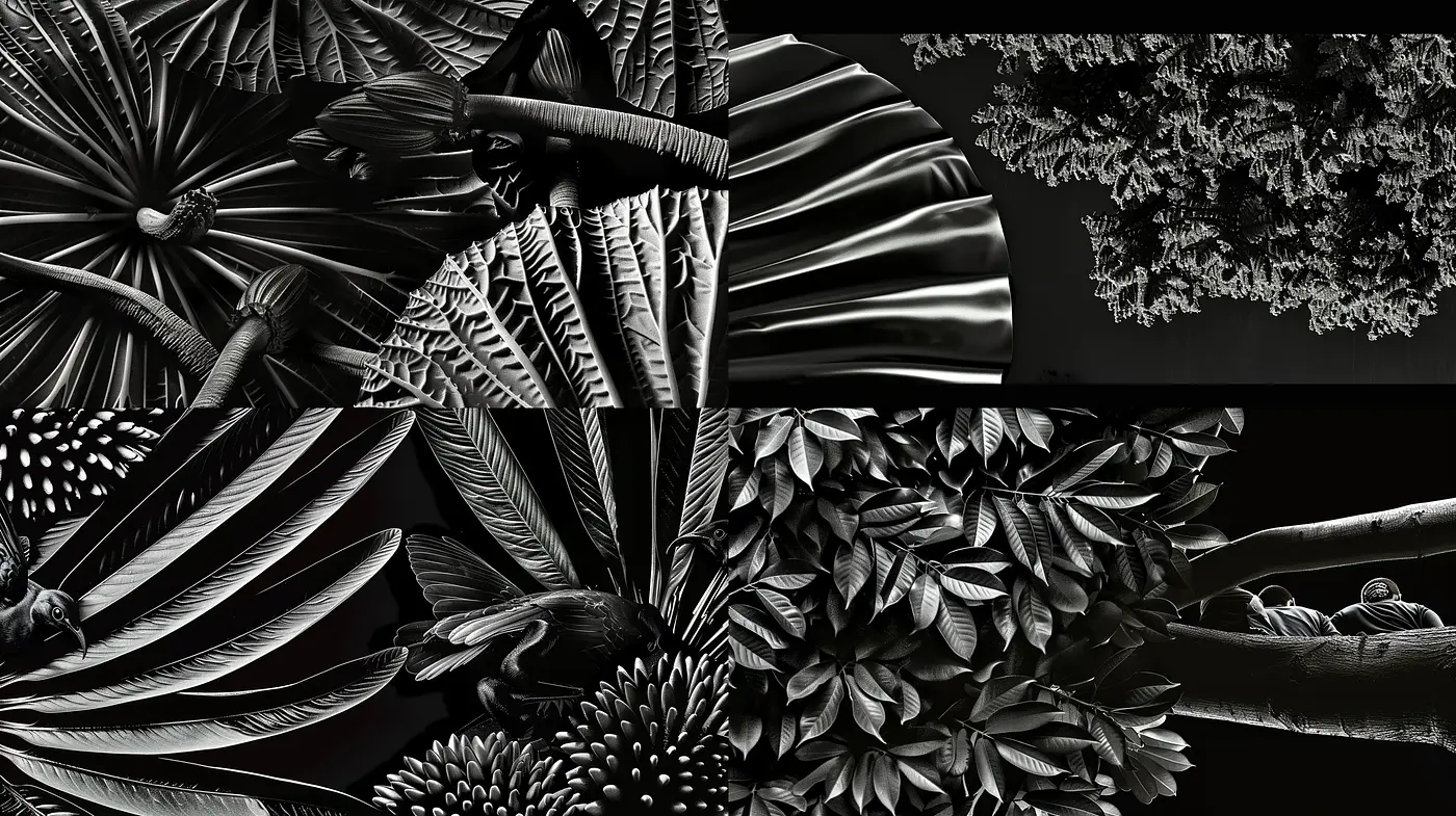 Monochromatic Botanical Tapestry: A Study in Contrasting Textures and Tones - Midjourney sref style