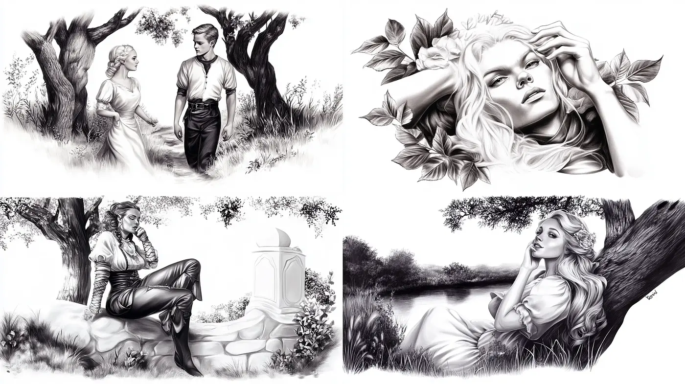 Monochromatic Elegance: Timeless Serenity in Grayscale Illustrations - Midjourney sref style