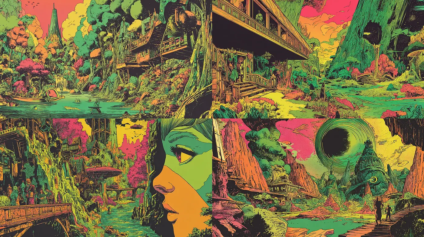 Vibrant fantasy landscapes with intricate linework and surreal elements - Midjourney sref style