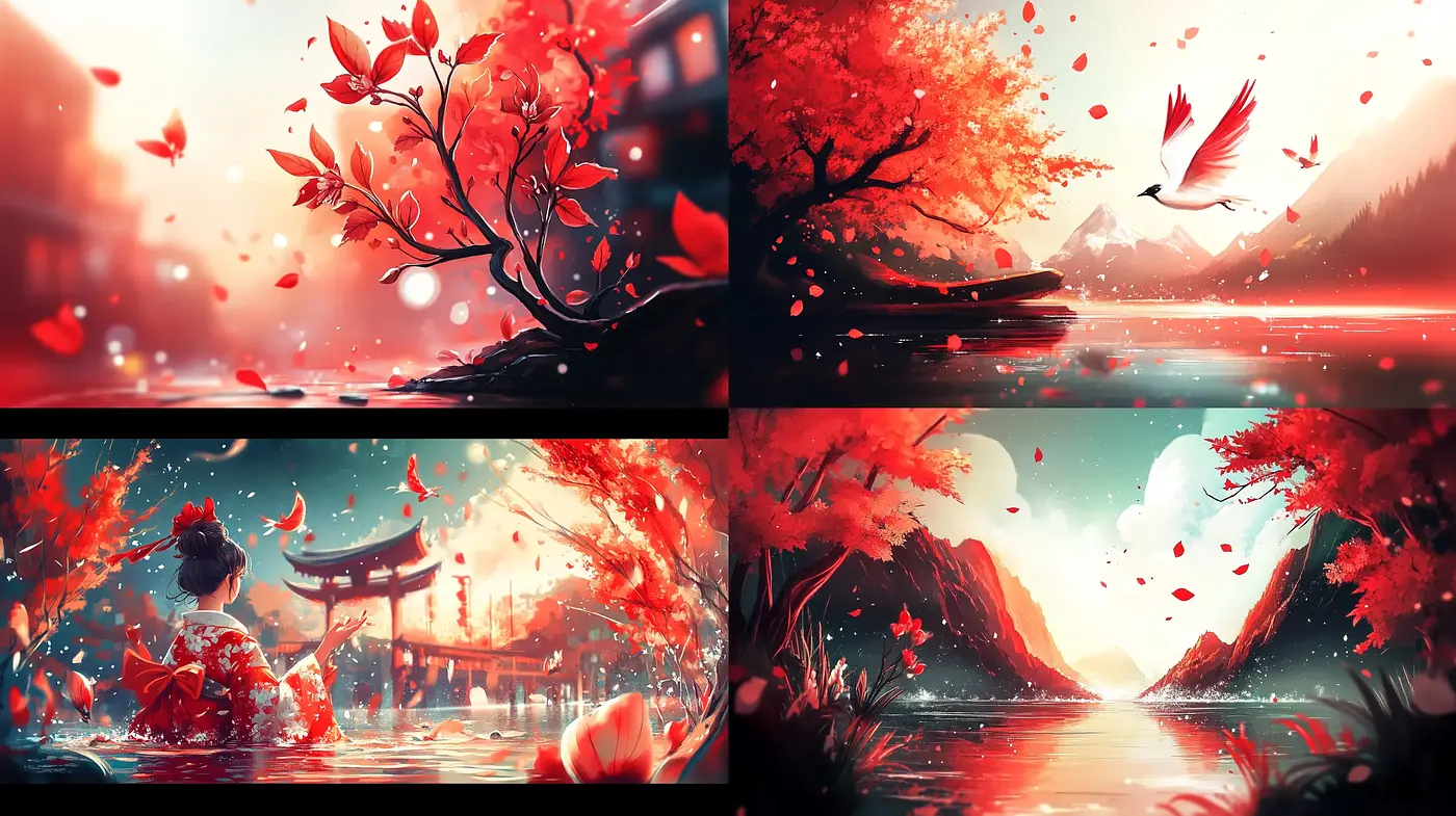 Crimson Elegance in Digital Serenity: A Vivid Harmonization of Nature and Art - Midjourney sref style