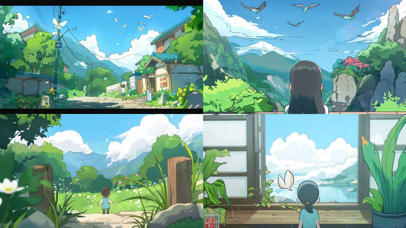 Serene Pastoral Symphony: A Harmonious Fusion of Vivid Green Landscapes and Anime-like Serenity - Midjourney sref style