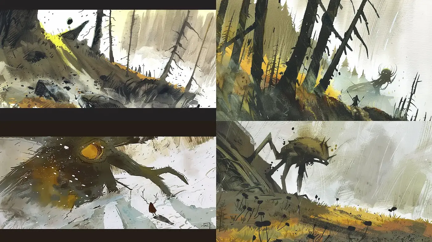 Moody and atmospheric illustrations with a touch of surreal fantasy - Midjourney sref style