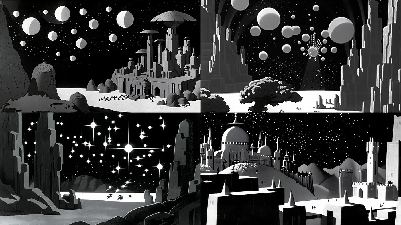 Futuristic and whimsical landscapes with a captivating monochrome aesthetic - Midjourney sref style