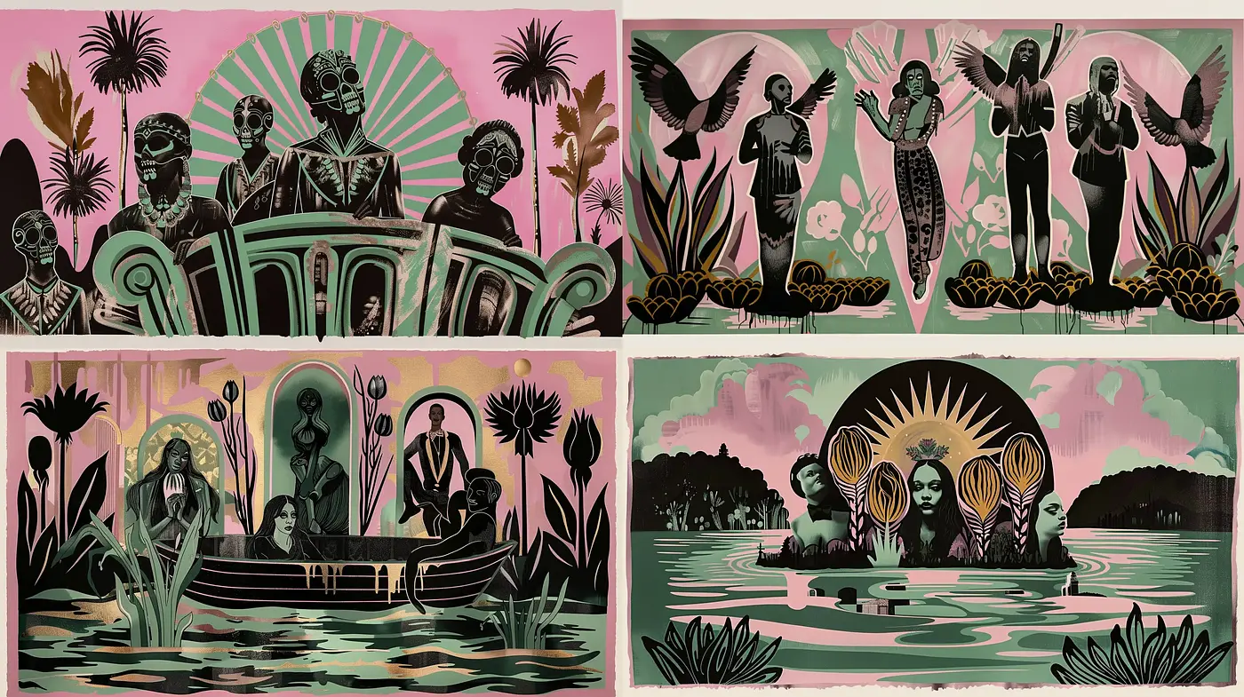 Echoes of Art Deco and Tropical Noir in Stylized Silhouettes - Midjourney sref style