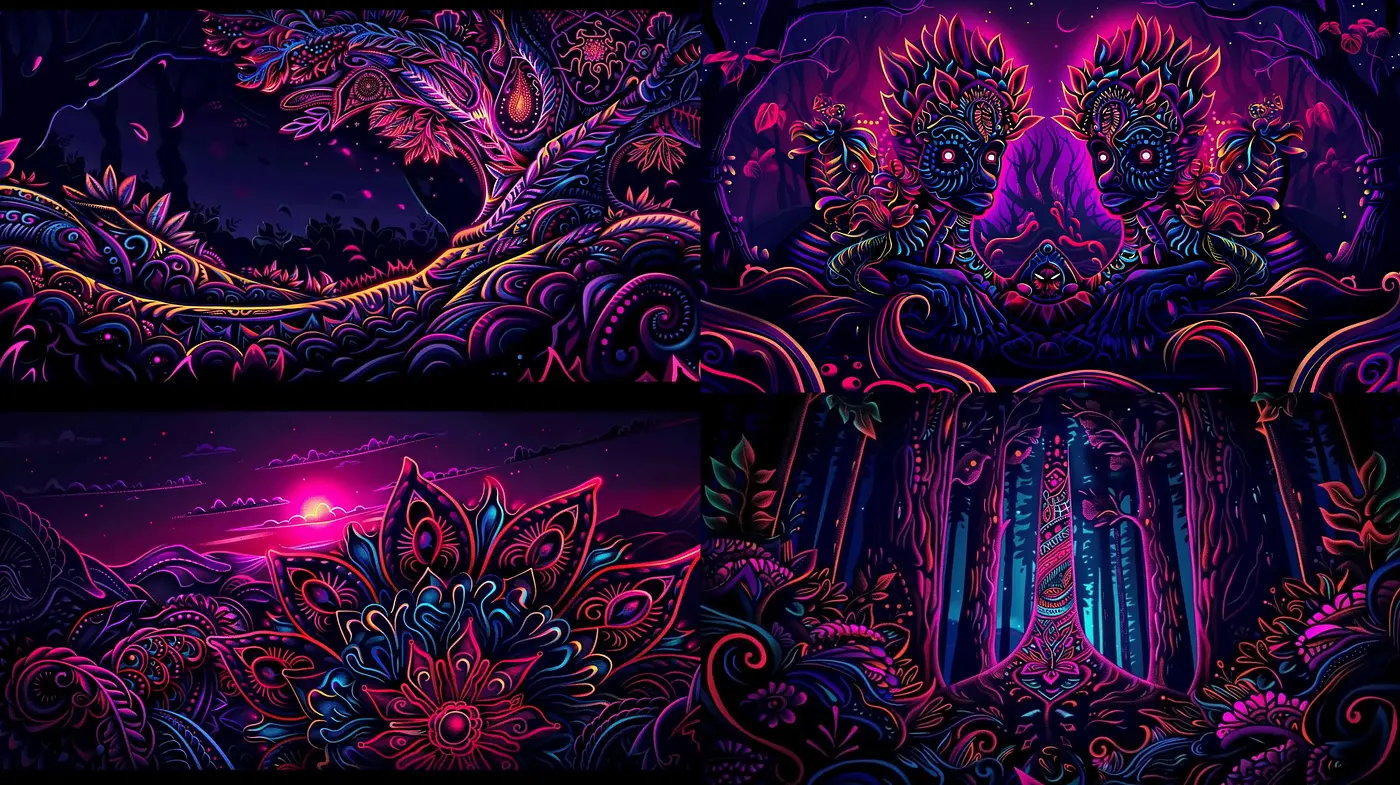 Luminous Psychedelic Dreamscapes with Floral Intricacy - Midjourney sref style