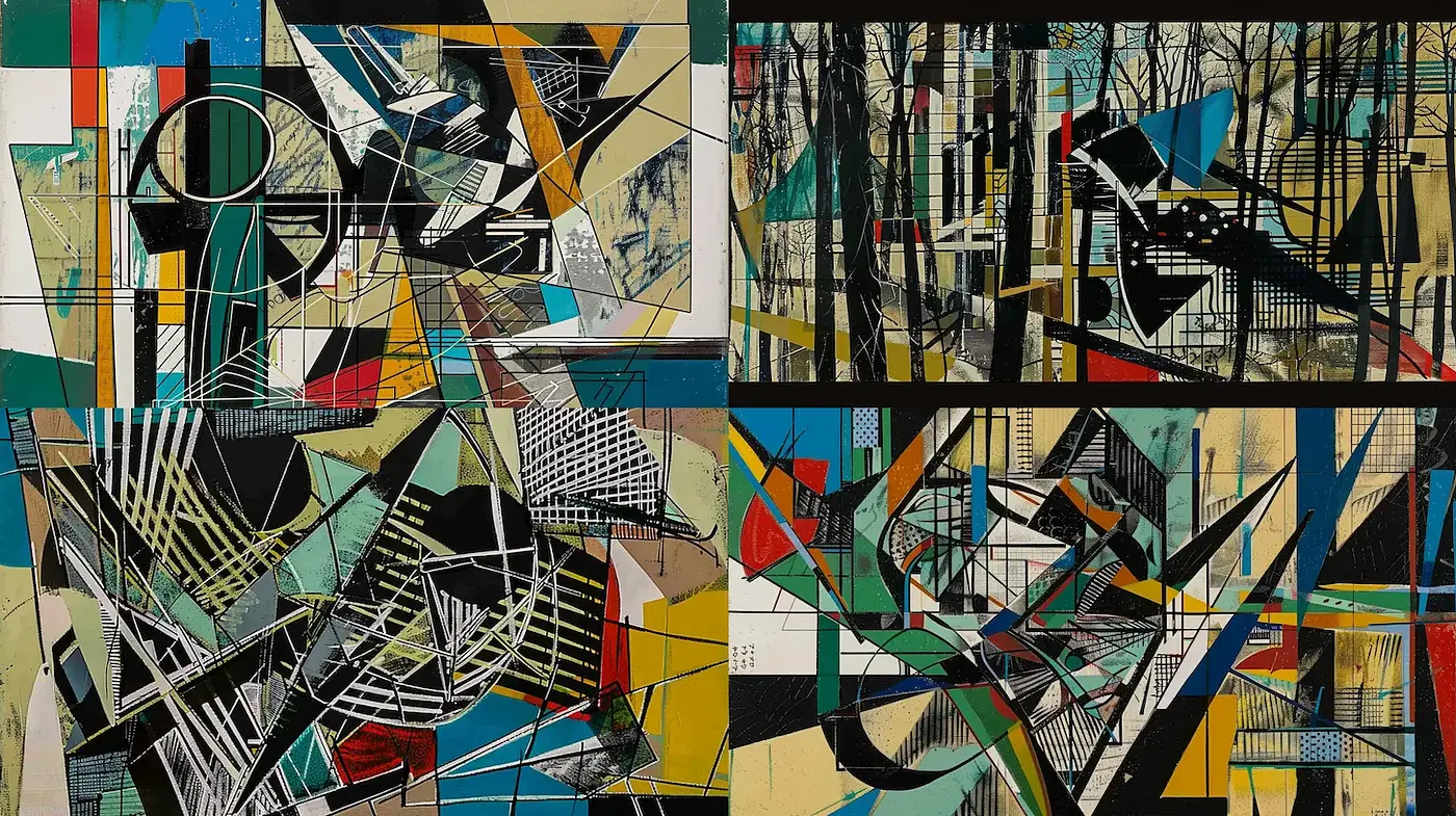 Dynamic and Geometric Abstract Composition with a Retro Influence - Midjourney sref style