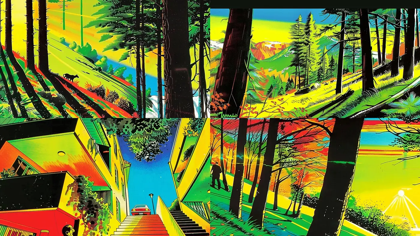 Luminous Chromatic Harmonies: A Fusion of Retro Comic Book and Graphic Novel Aesthetics - Midjourney sref style