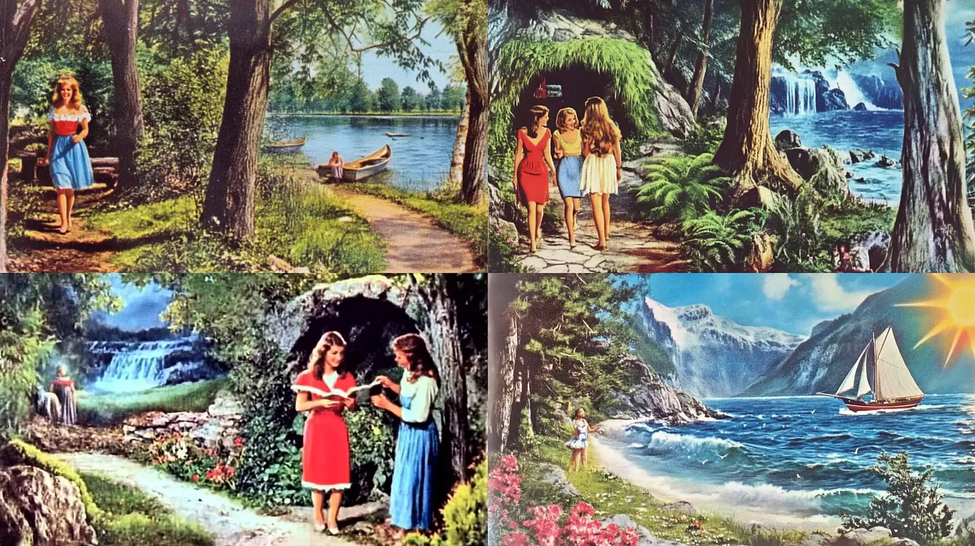 Idyllic Pastoral Landscapes with a Hint of Vintage Narratives - Midjourney sref style