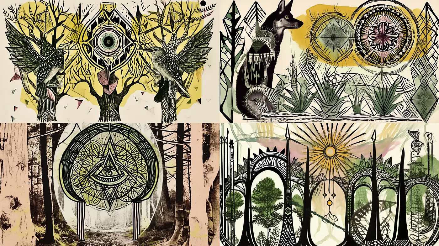 Enchanted Forest of Whimsical Symmetry: A Melding of Geometric Mystique and Dreamlike Botanicals - Midjourney sref style