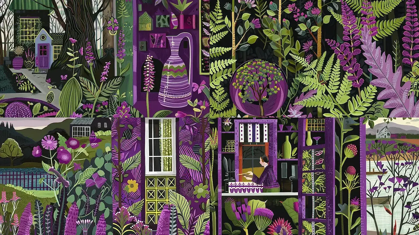 Lush Botanical Vignette with a Playful Color Palette - Midjourney sref style