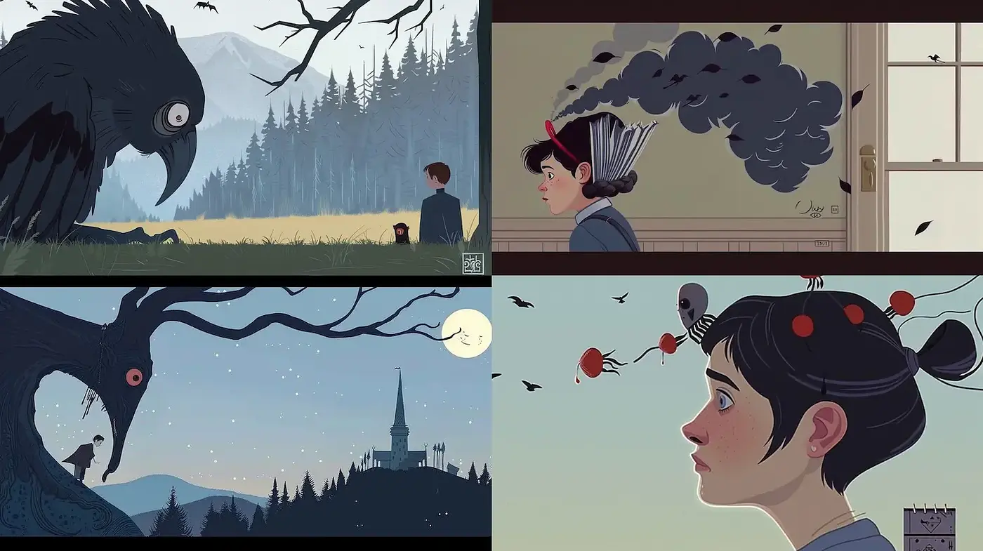 Whimsical and Surreal Illustrations with a Dark Fairytale Aesthetic - Midjourney sref style