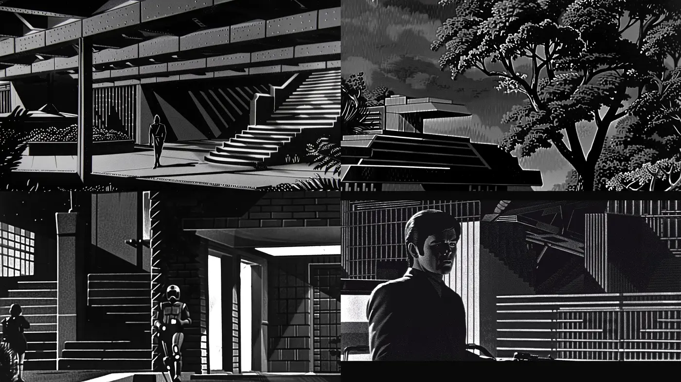 Monochromatic Architectural Narrative - Midjourney sref style