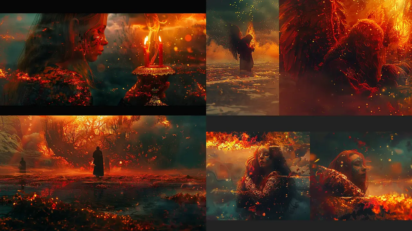 Ethereal Ember Hues: A Tapestry of Fiery Dreamscape and Mythical Textures - Midjourney sref style