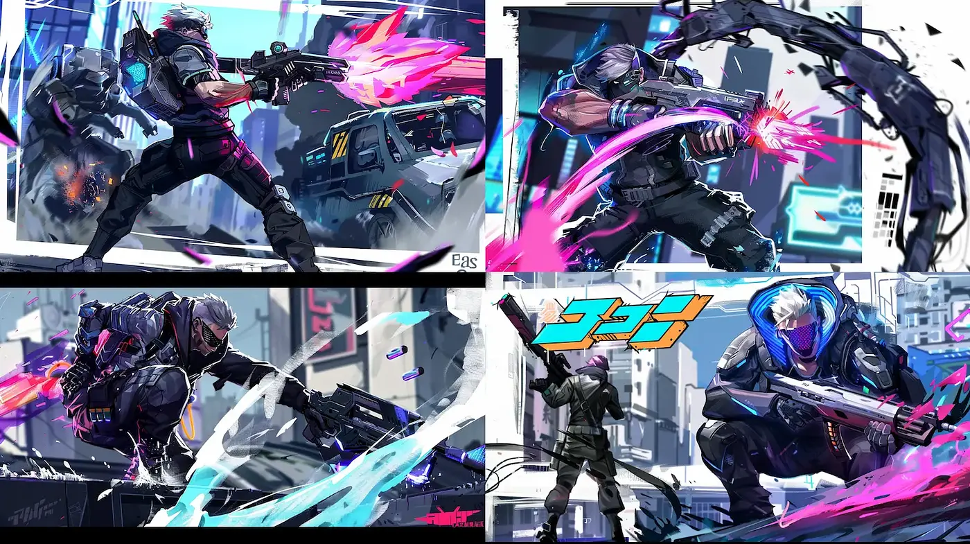 Dynamic futuristic action with vibrant neon accents and comic influences - Midjourney sref style