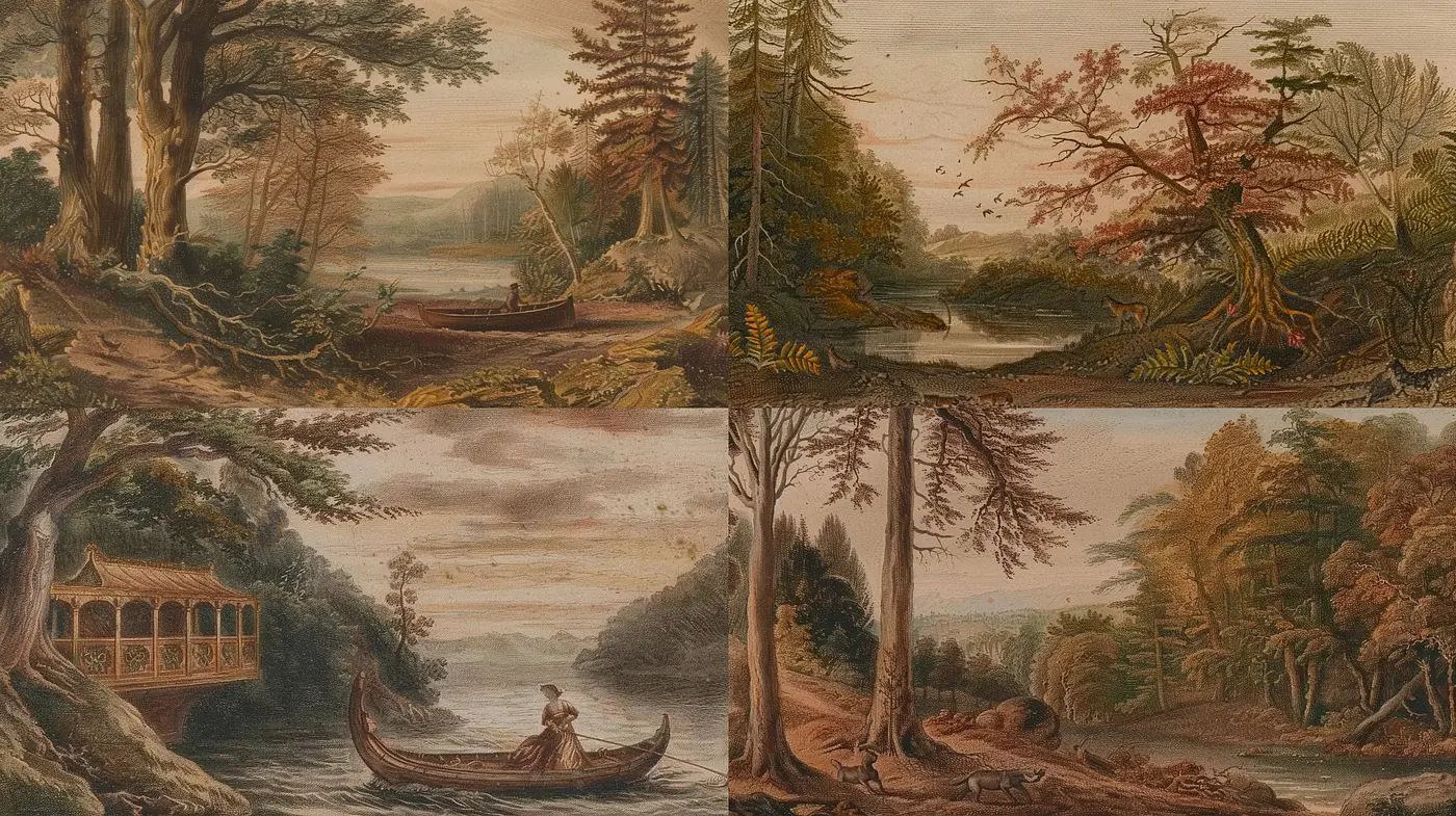 Serene Epochal Landscapes: A Harmonious Blend of Nature and Nostalgia in Earth Tones - Midjourney sref style