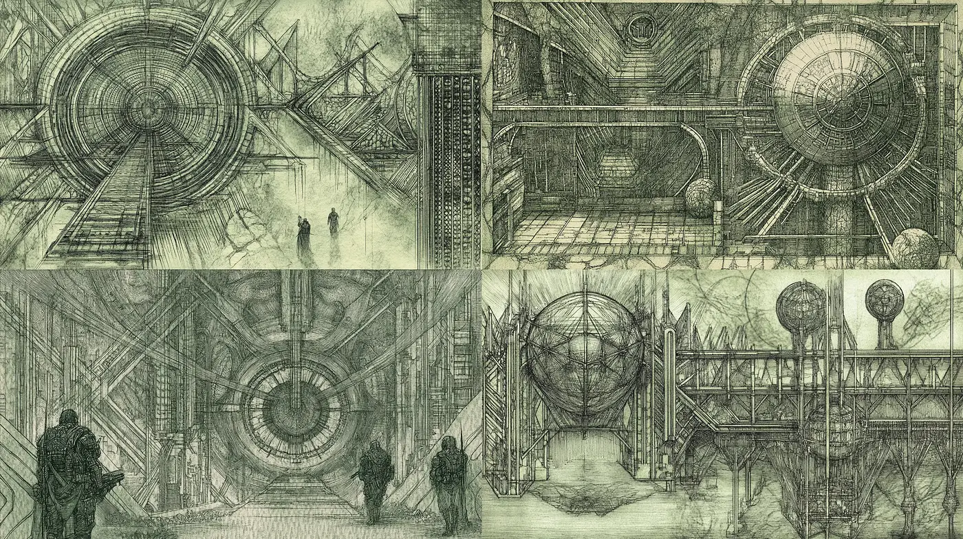 Ethereal Mechanical Dreamscapes: A Consistent Imaginative Nostalgia in Greens - Midjourney sref style