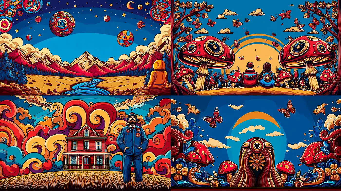 Vibrant and surrealistic psychedelic landscapes with whimsical elements - Midjourney sref style