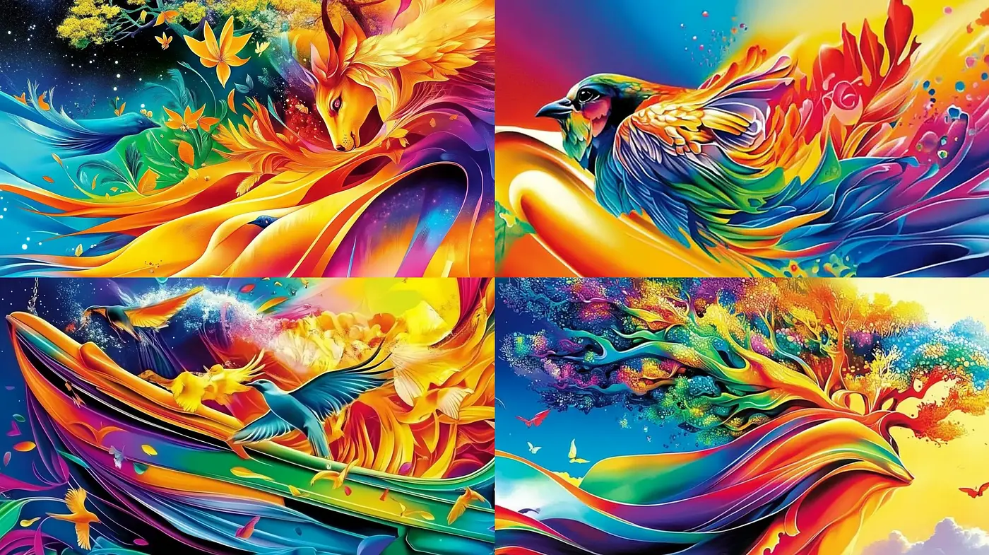 Surreal Nature Fusion with Vibrant Hues and Fluid Dynamics - Midjourney sref style