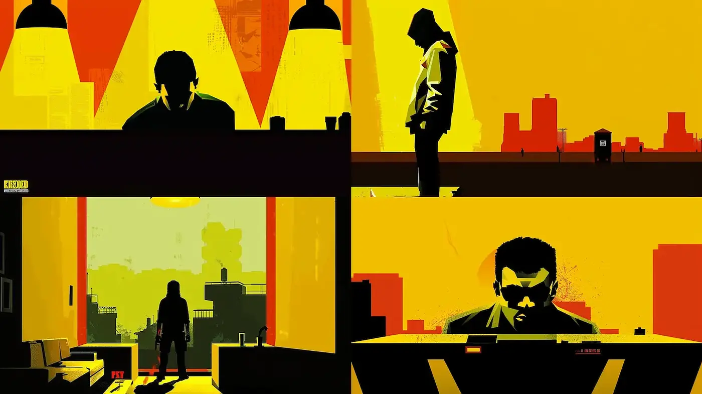 Vibrant and Dramatic Urban Silhouettes with a Minimalist Approach - Midjourney sref style