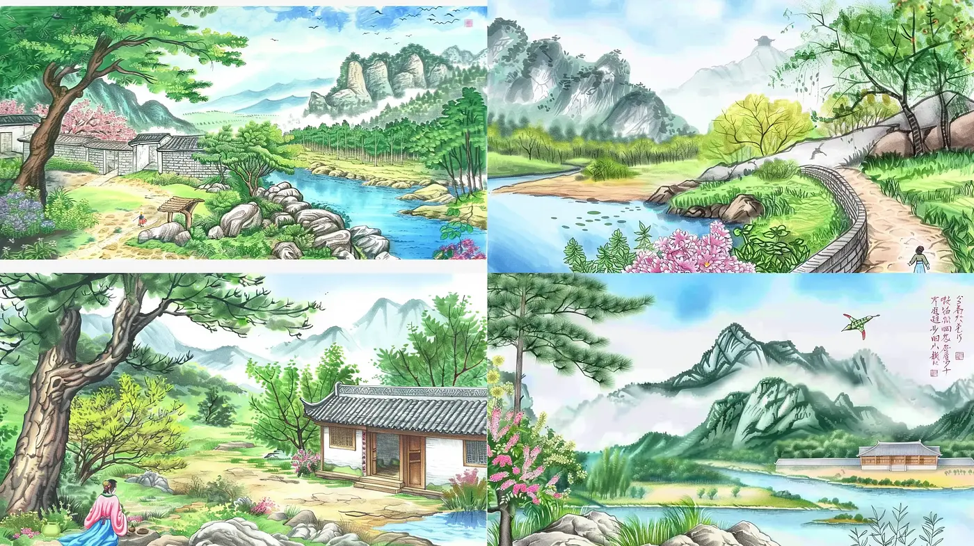 Tranquil Brushstrokes of Stylized East Asian Landscapes - Midjourney sref style