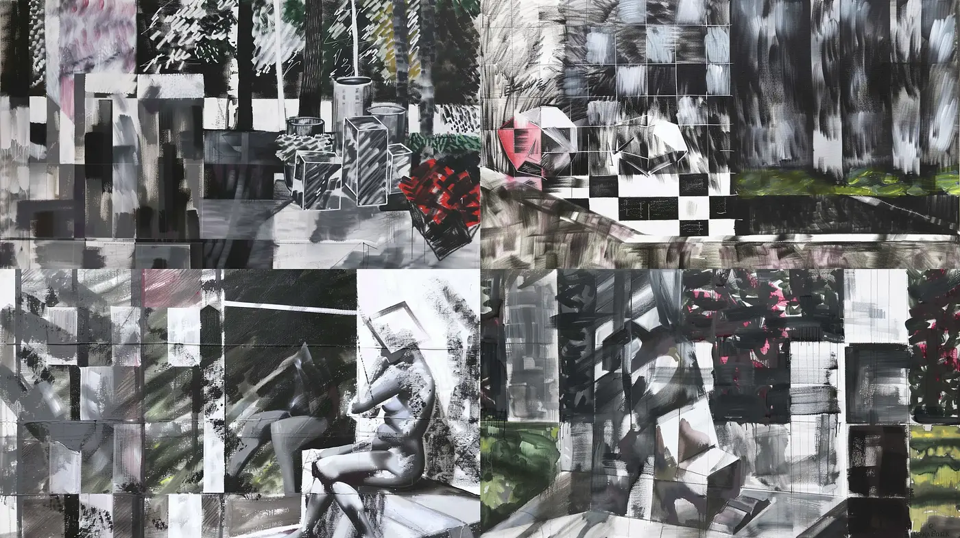 Fragmented Reality: A Study in Monochrome and Crimson - Midjourney sref style