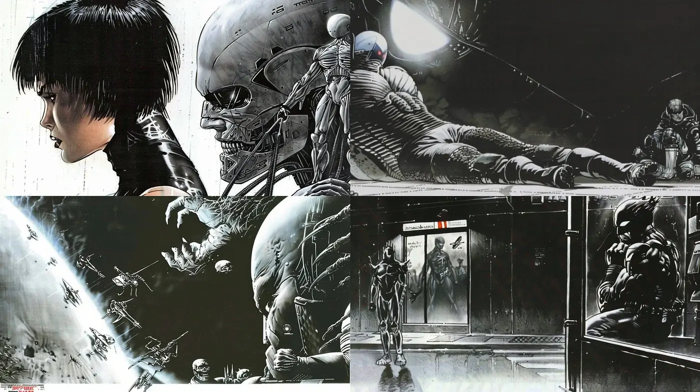Monochromatic Cyberpunk Dreamscape: A Homage to Futuristic Desolation and Technological Dystopia - Midjourney sref style