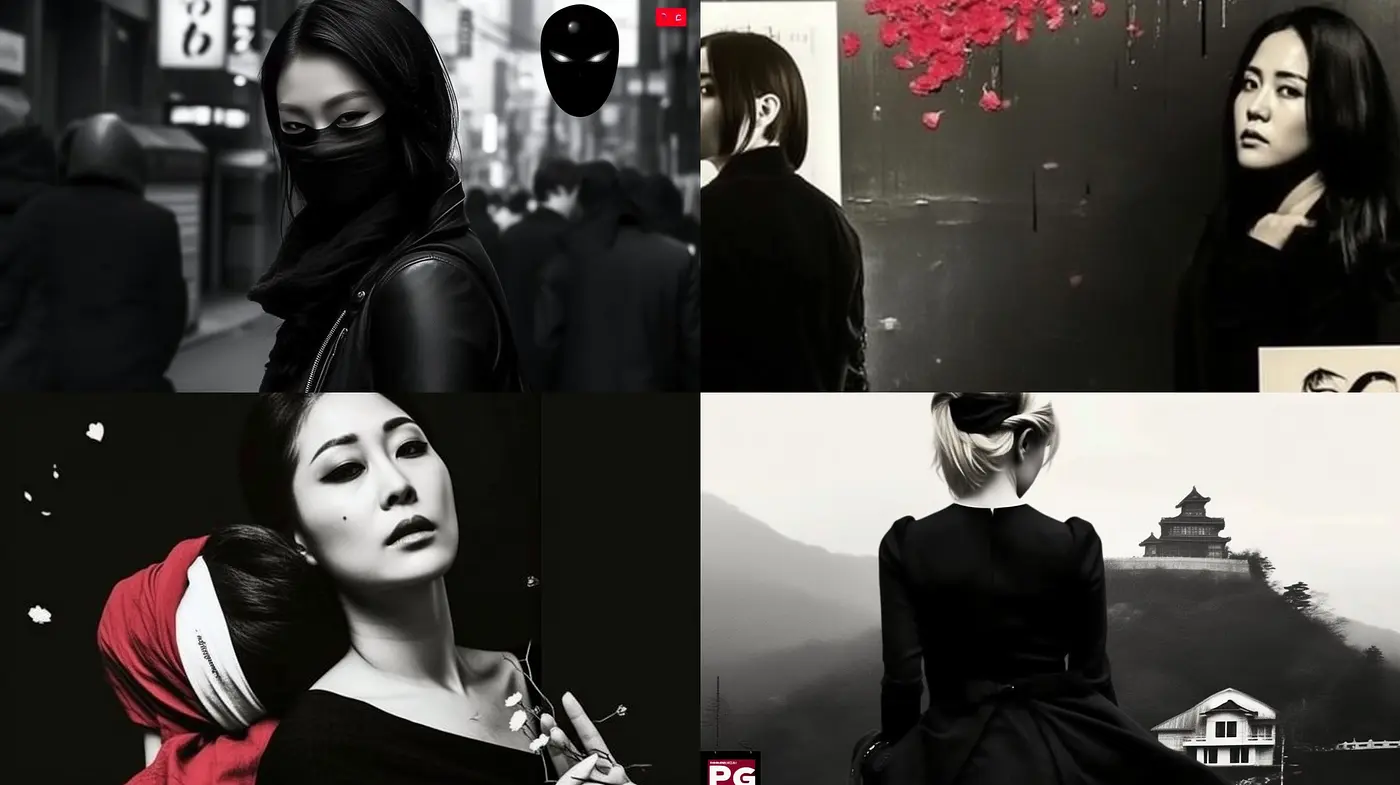 Monochromatic Elegance with a Touch of Red: A Homage to Cinematic Noir Fusion - Midjourney sref style