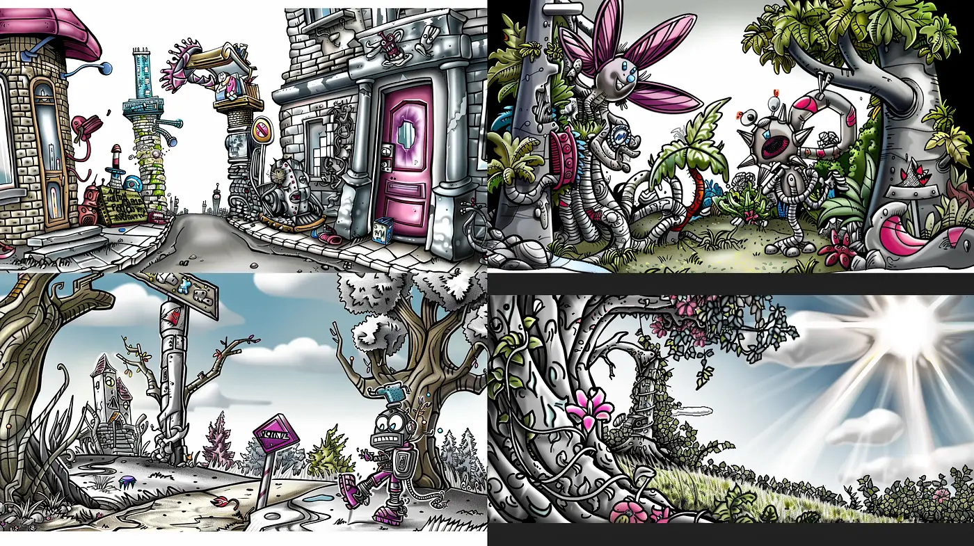 Whimsical Crosshatching Convergence with Surrealist Overtones - Midjourney sref style