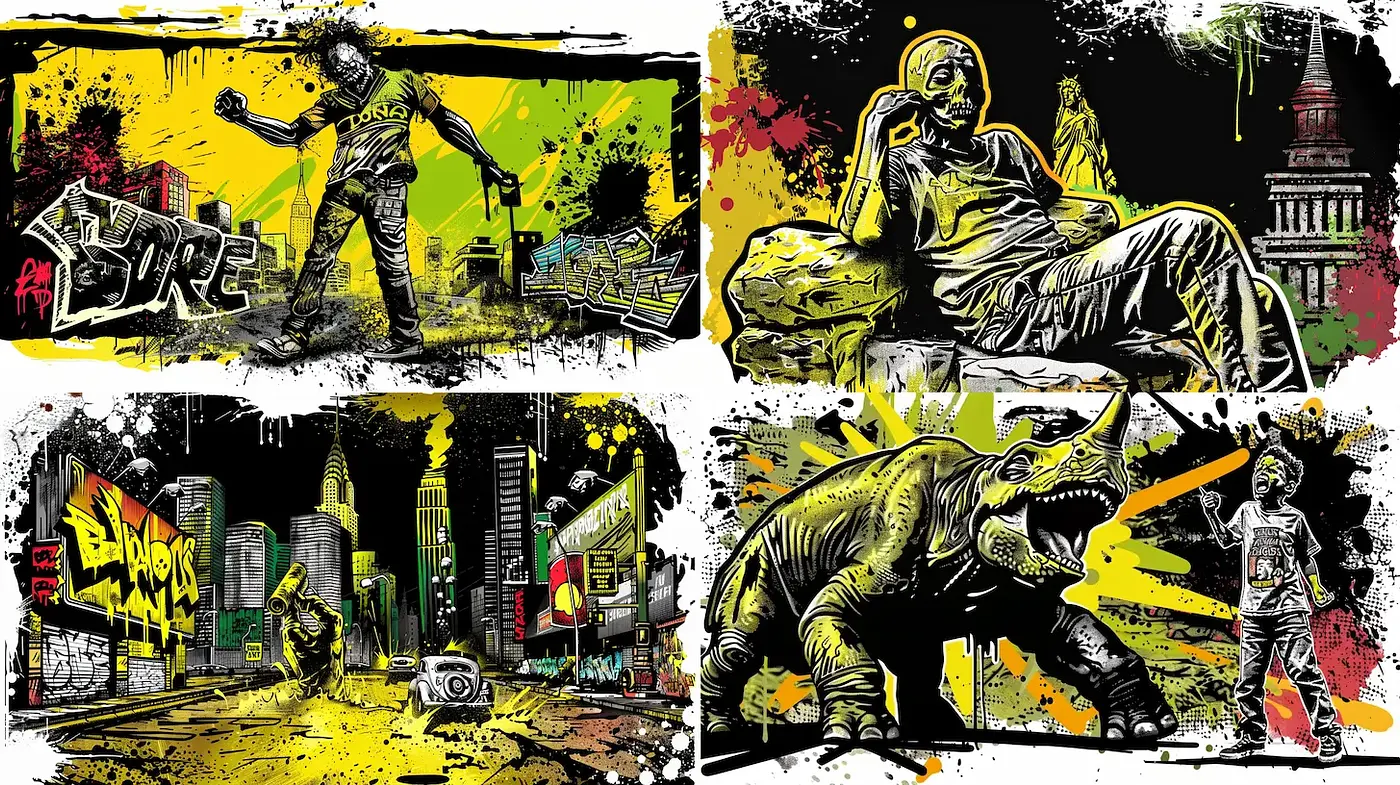 Vibrant and Dynamic Street Art with Urban Influences - Midjourney sref style