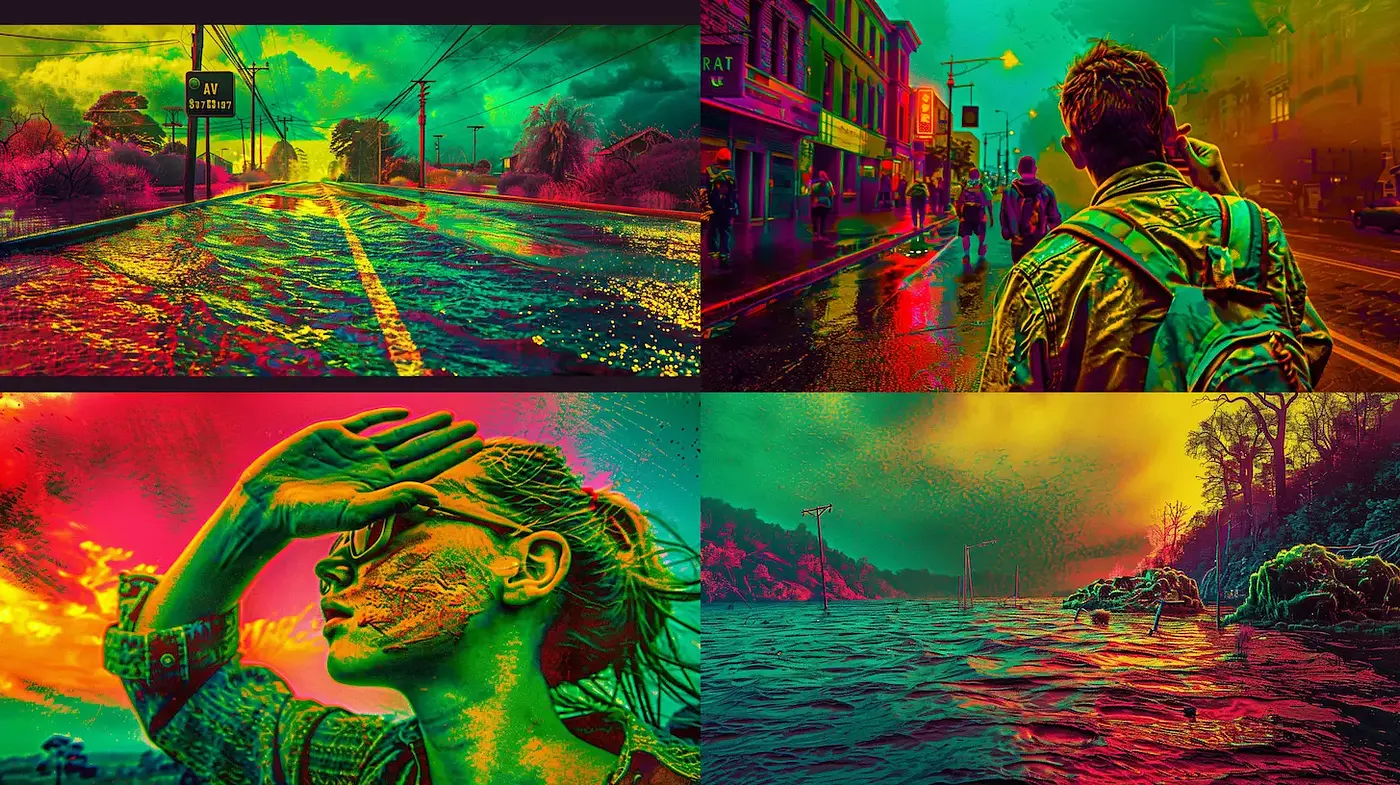 Vivid Neon Surrealism with Influences from Retro Aesthetics and Cinematic Techniques - Midjourney sref style