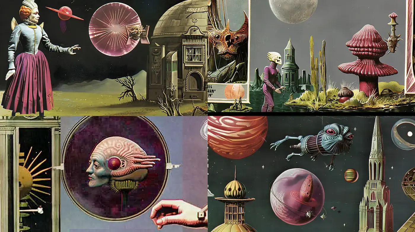 Futuristic Surrealism with Retro Influences in Whimsical Cosmic Landscapes - Midjourney sref style