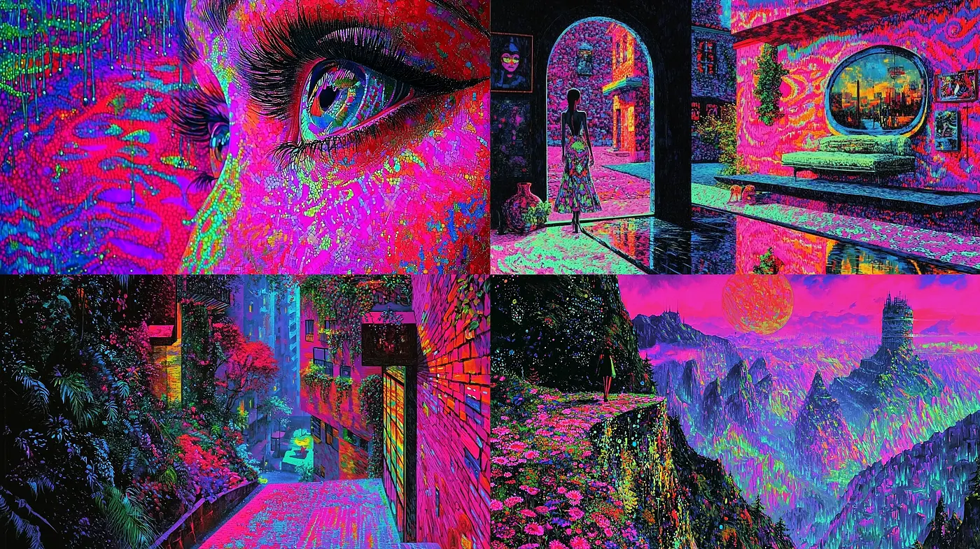Psychedelic Dreamscape: A Neon-Infused Surrealist Journey - Midjourney sref style