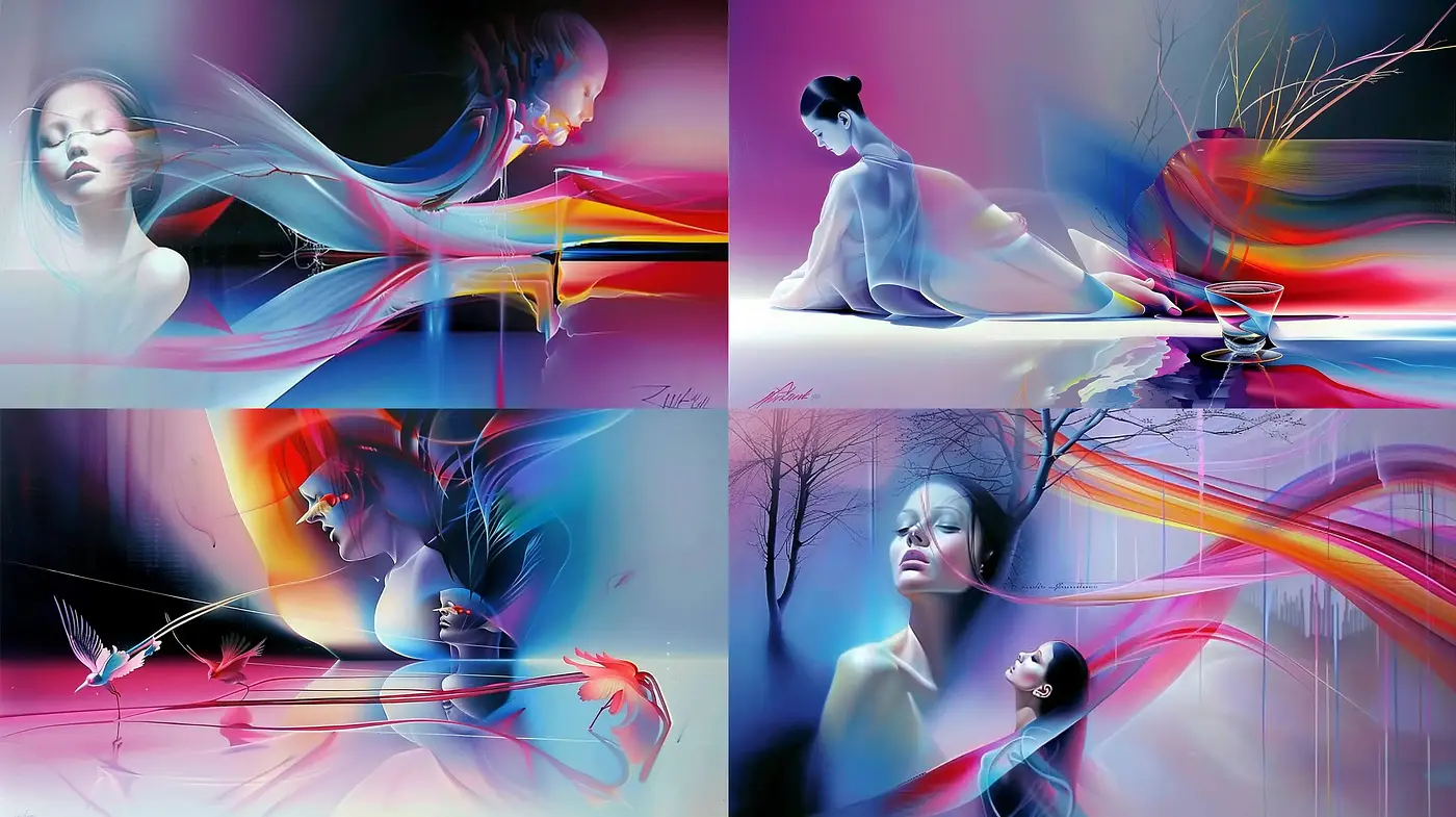 Ethereal Dreamscapes with Surreal Fluidity and Vivid Chromatic Harmony - Midjourney sref style