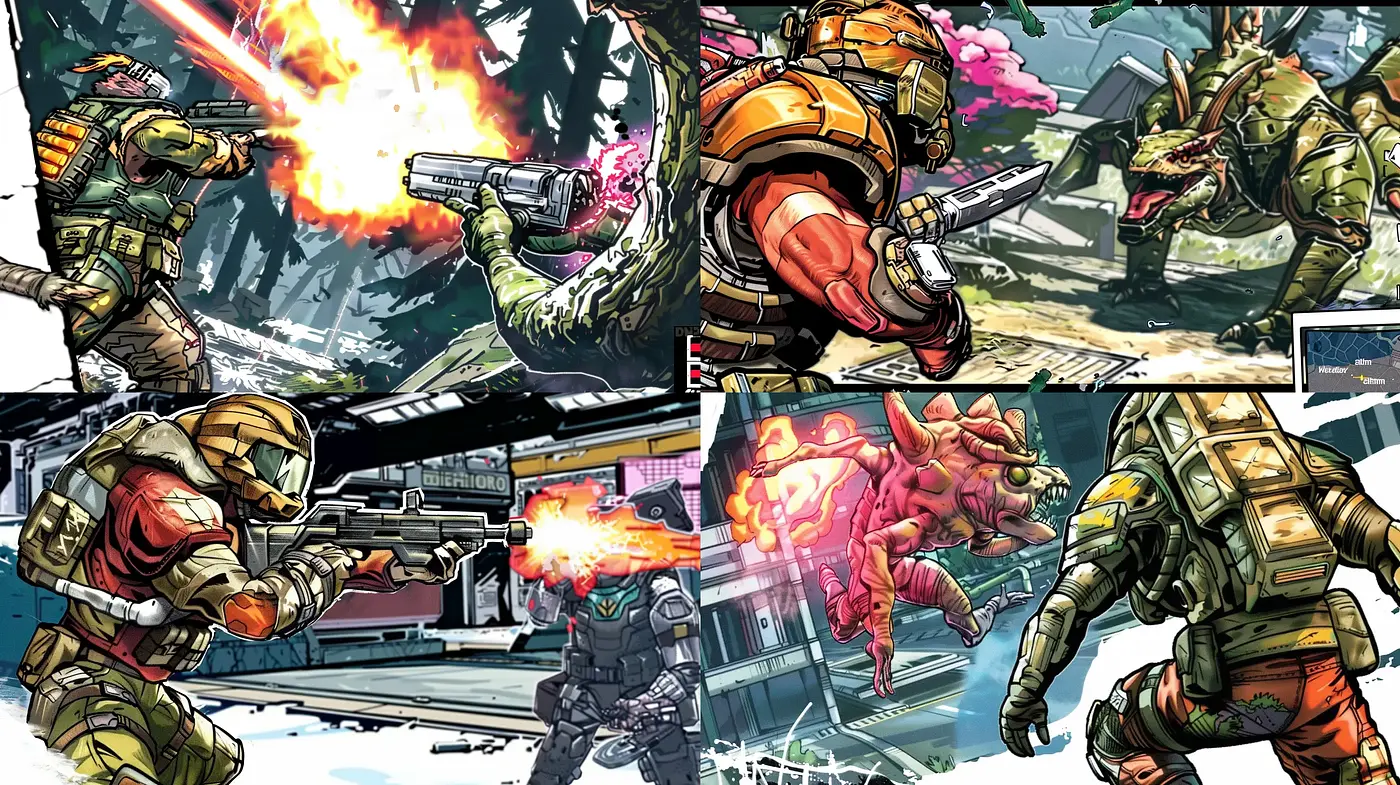 Dynamic Sci-Fi Action with Stylized Comic Book Flair - Midjourney sref style