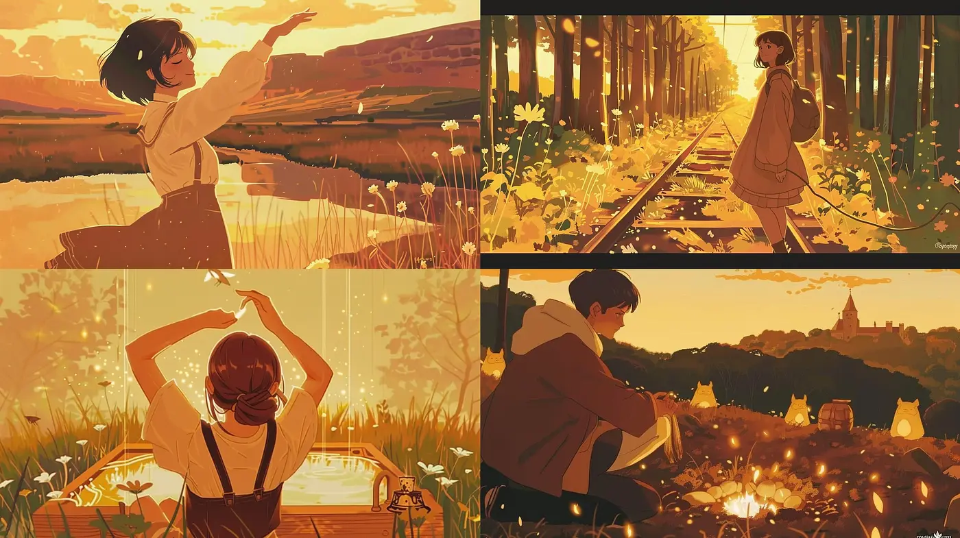Warm Golden Hour Reverie: A Stylized Blend of Anime Aesthetics and Pastoral Impressions - Midjourney sref style