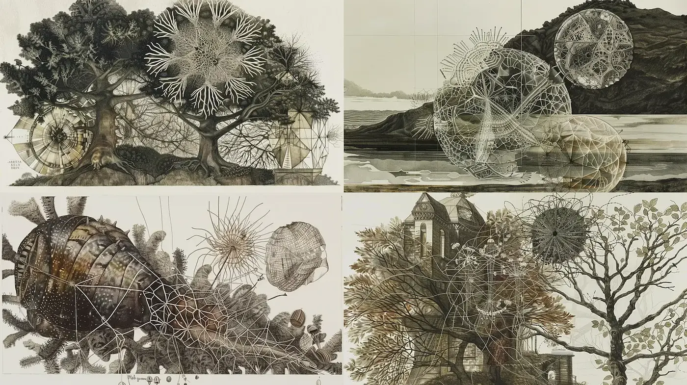 Intricate Organic Abstractions Blending Nature and Geometry - Midjourney sref style