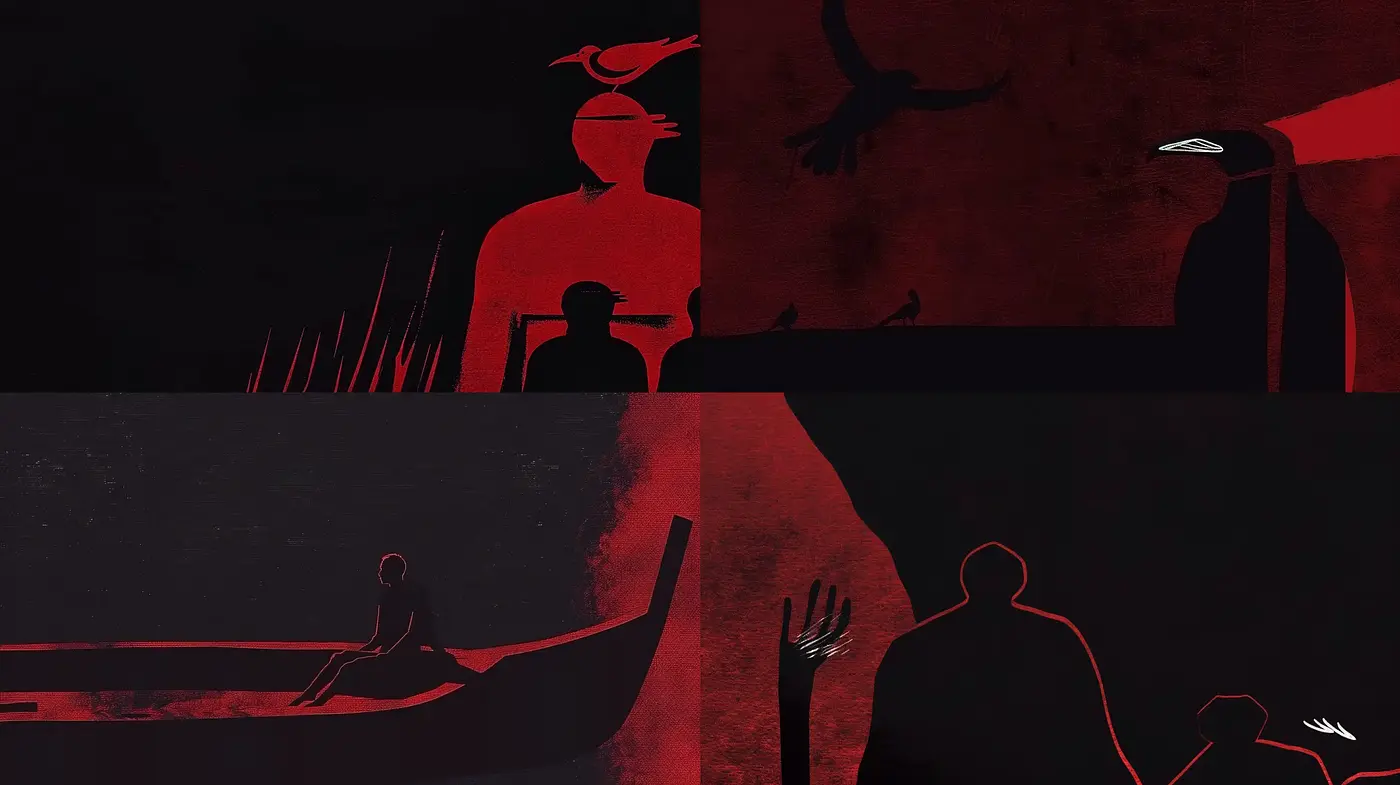 Crimson Silhouettes of Surreal Narratives - Midjourney sref style