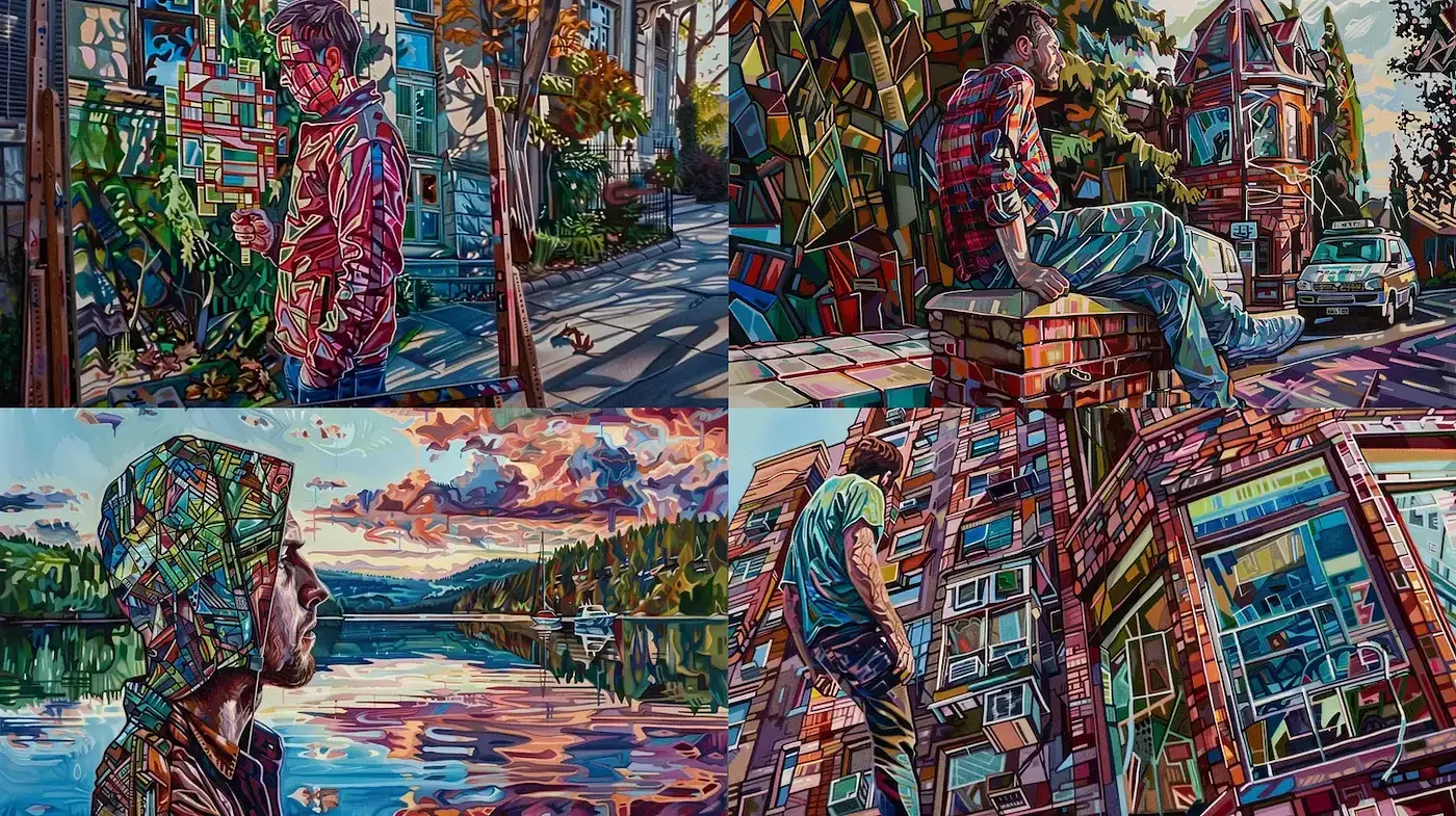 Vivid, geometric urban landscapes with contrasting textures and reflective surfaces - Midjourney sref style
