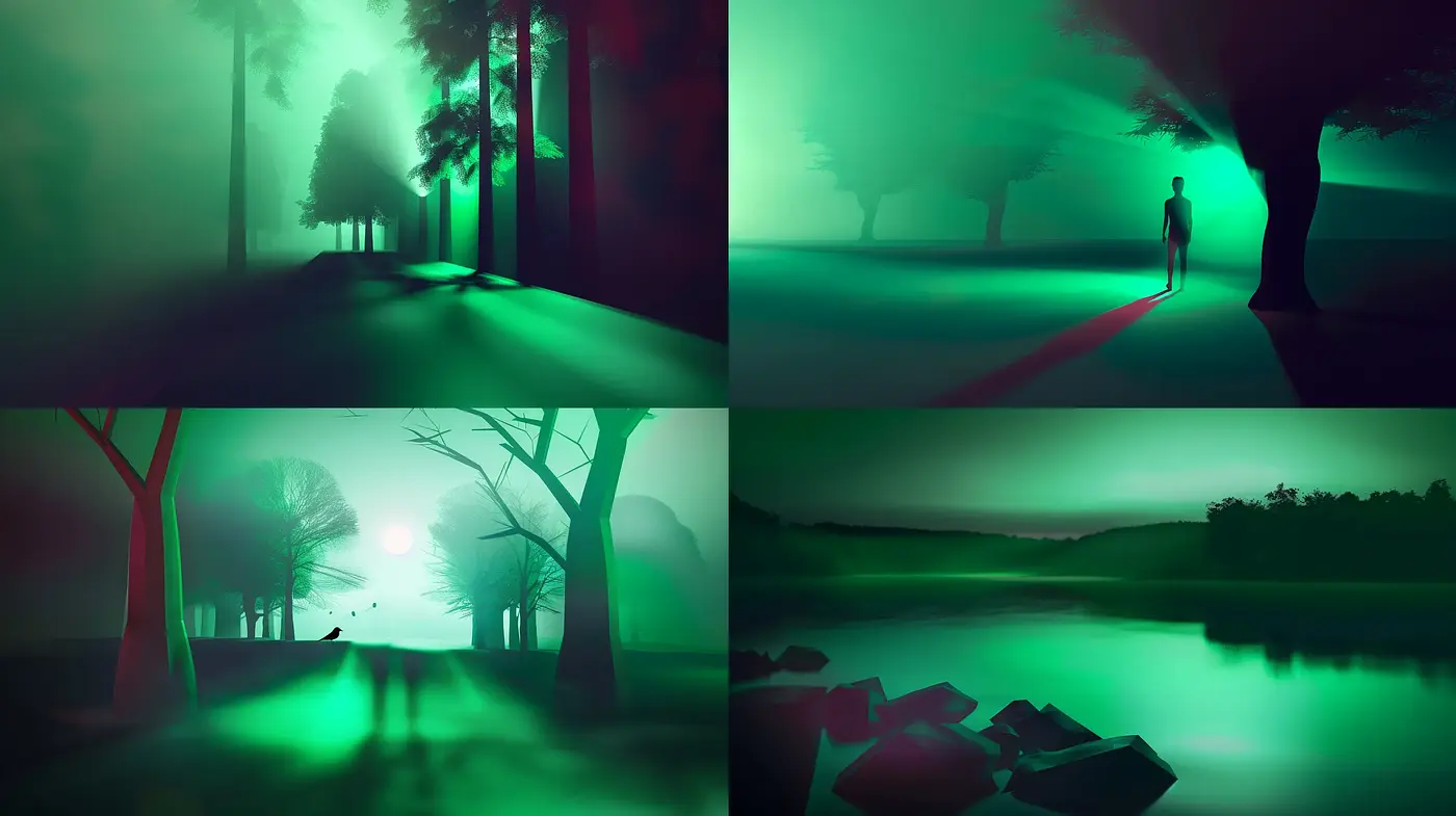 Eerie Nocturnal Hues: Consistent Elements Across a Series of Mystical Nightscapes - Midjourney sref style