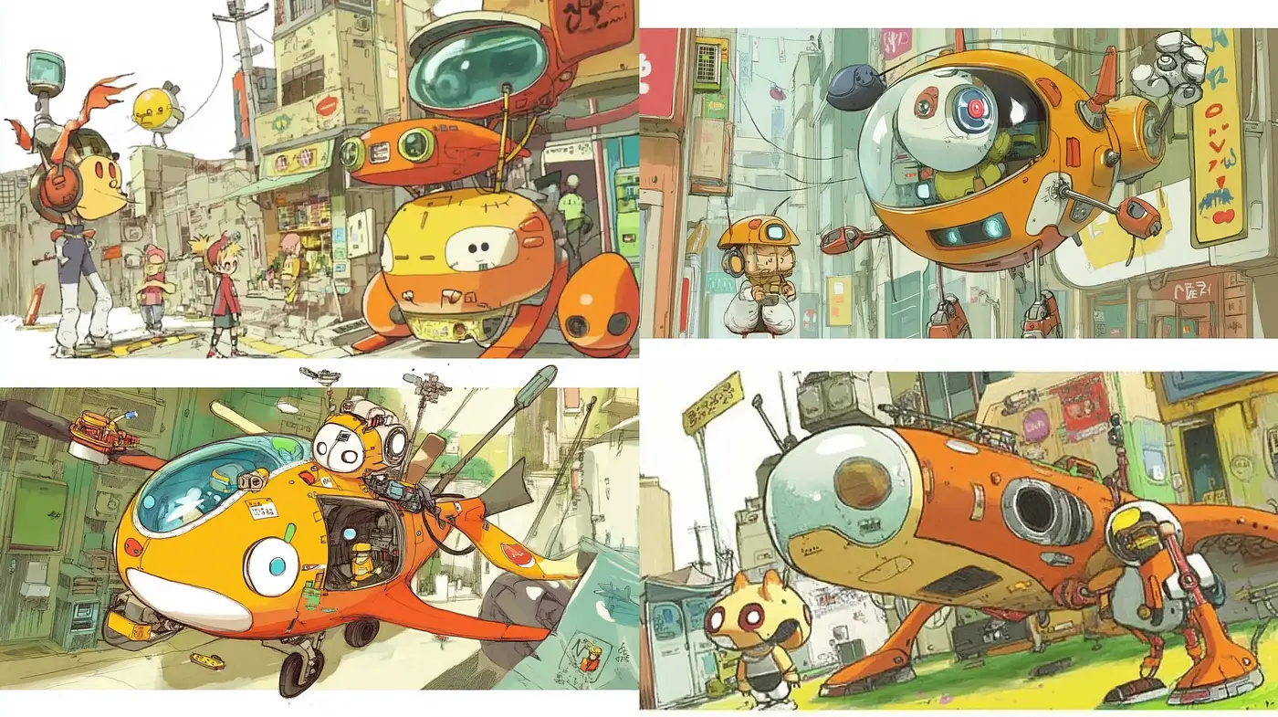 Futuristic Urban Whimsy: A Consistent Harmony of Vivid Colors and Playful Mechanical Life - Midjourney sref style