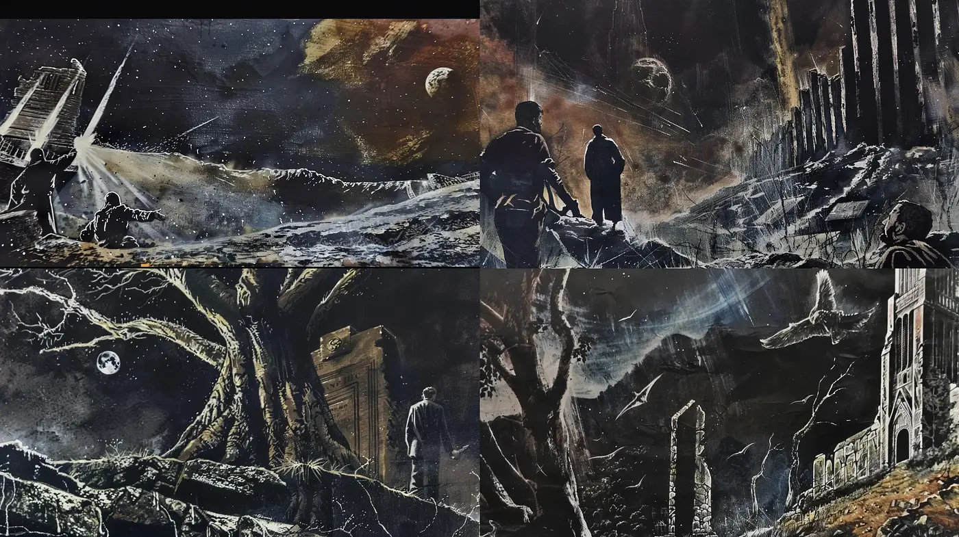 Cosmic Desolation and Resilience: A Surreal Sci-Fi Tapestry - Midjourney sref style