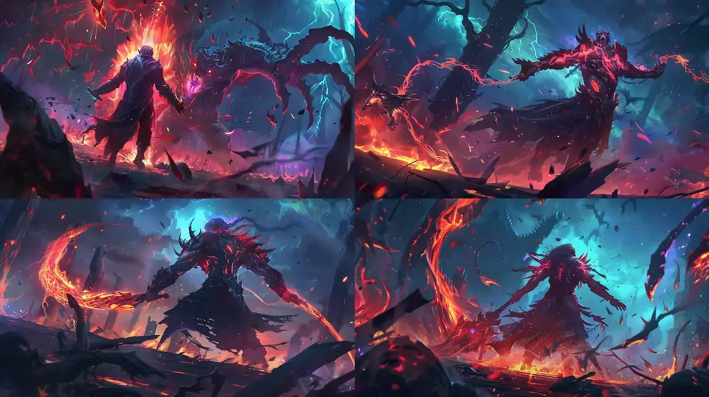 Dynamic and Ethereal Fantasy Landscape with Fiery Elements - Midjourney sref style
