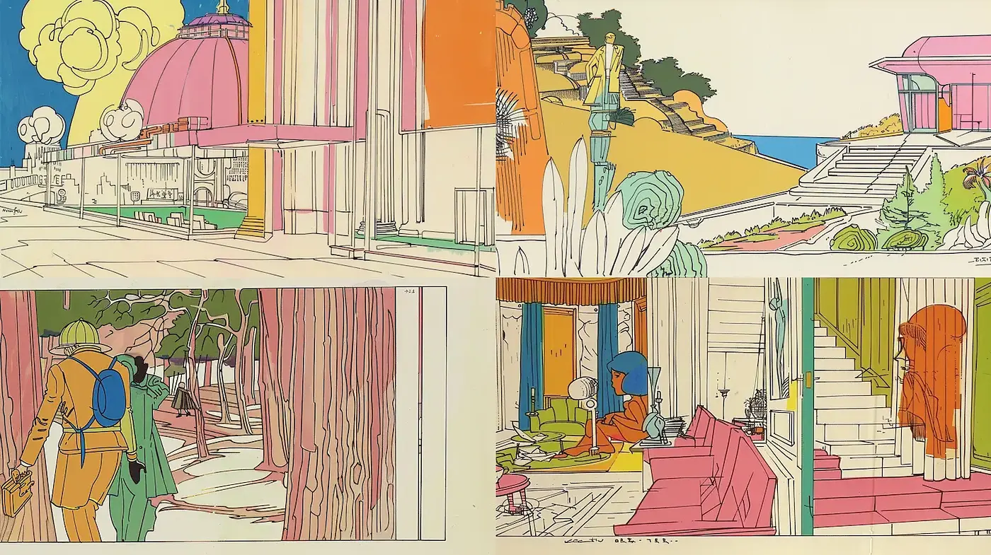 Vibrant and whimsical illustrations with a unique architectural flair - Midjourney sref style