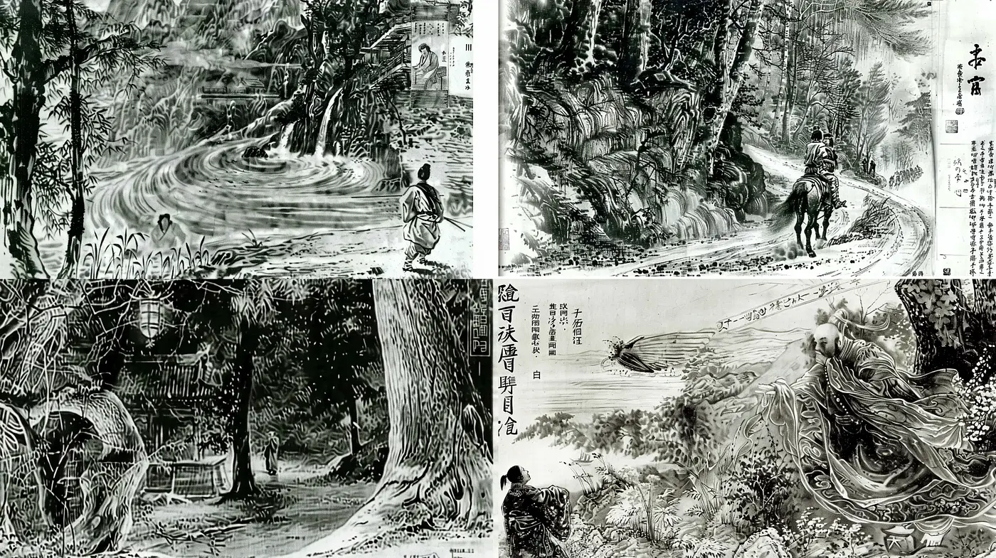 Monochromatic Ink Wash Fusion in Digital Landscape Realms - Midjourney sref style