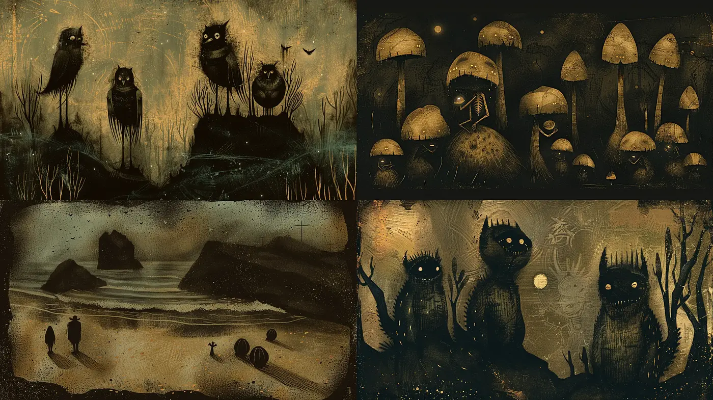 Mystical Nocturne in Sepia: An Homage to Otherworldly Serenity - Midjourney sref style